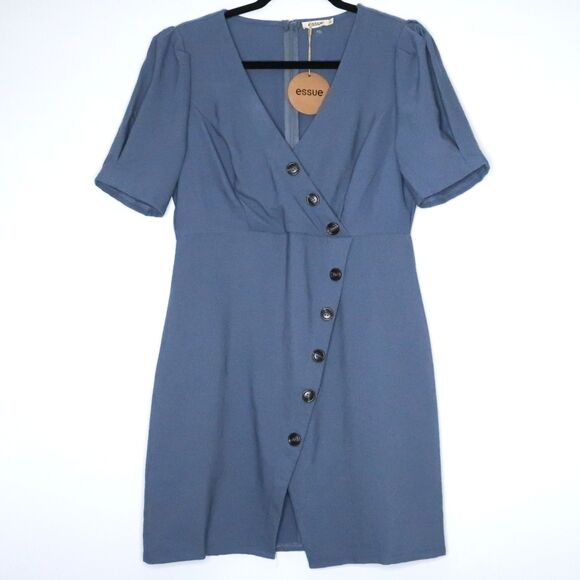 Essue Womens Mini Dress Size Large Blue Button Front Wrap Neutral Classic Preppy - Picture 1 of 8